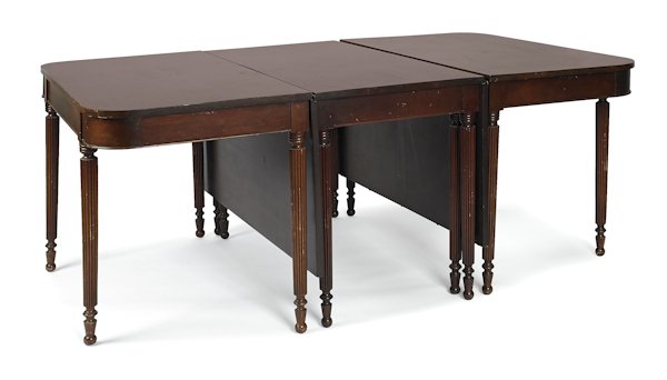 Sheraton style mahogany three-part dining table,: Sheraton style mahogany three-part dining table, open - 30'' h., 47 3/4'' w., 127'' d.