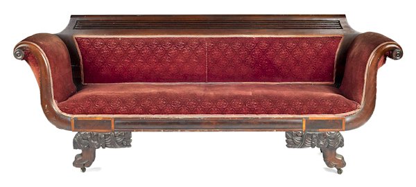 Classical carved mahogany sofa, ca. 1830, with ea: Classical carved mahogany sofa, ca. 1830, with eagle and swag carved legs, 37 1/2'' h., 92'' w. Provenance: The Historical Society, Frederick County, MD.