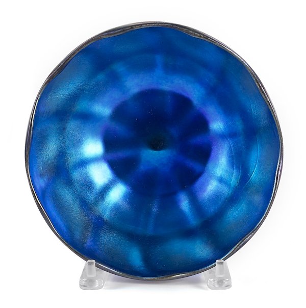 Tiffany favrile blue iridescent glass bowl, signe: Tiffany favrile blue iridescent glass bowl, signed on base and numbered 1284, 3 3/4'' h., 8 1/2'' w.