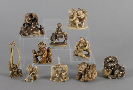 Ten Japanese carved ivory netsuke, probably Meiji: Ten Japanese carved ivory netsuke, probably Meiji period, tallest - 2 7/8''.