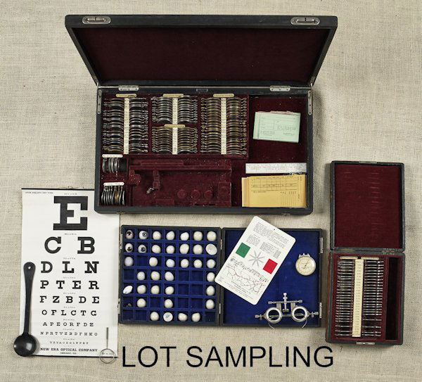 Three optician's eyeglass kits, together with a f: Three optician's eyeglass kits, together with a fitted box of glass eyes.