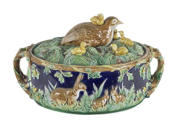 George Jones majolica full nest quail covered tur: George Jones majolica full nest quail covered tureen, 8'' h., 14 3/4'' w.