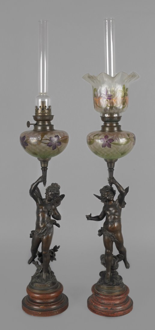 Pair of bronze figural oil lamps, signed Aug. Mo: Pair of bronze figural oil lamps, signed Aug. Moreau, 30 1/2'' h.
