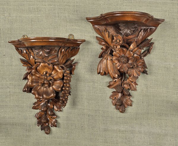 Pair of Black Forest style carved shelves, 12'' h.: Pair of Black Forest style carved shelves, 12'' h., 9 1/2'' w.