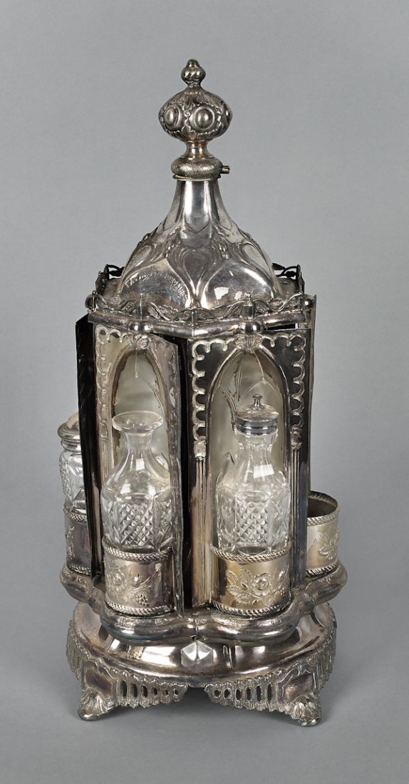 Silver plated revolving cruet stand, 17'' h.: Silver plated revolving cruet stand, 17'' h.