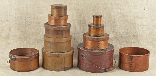 Collection of eleven wood pantry boxes and measur: Collection of eleven wood pantry boxes and measures, 19th c., tallest - 6 1/2''.