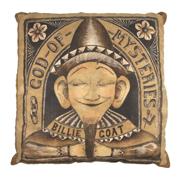Fabric God of Mysteries - Billie Goat pillow, l: Fabric God of Mysteries - Billie Goat pillow, late 19th c., with masonic and chain symbols, 19'' square, together with a needlework patriotic pillow with an eagle, 16'' square.