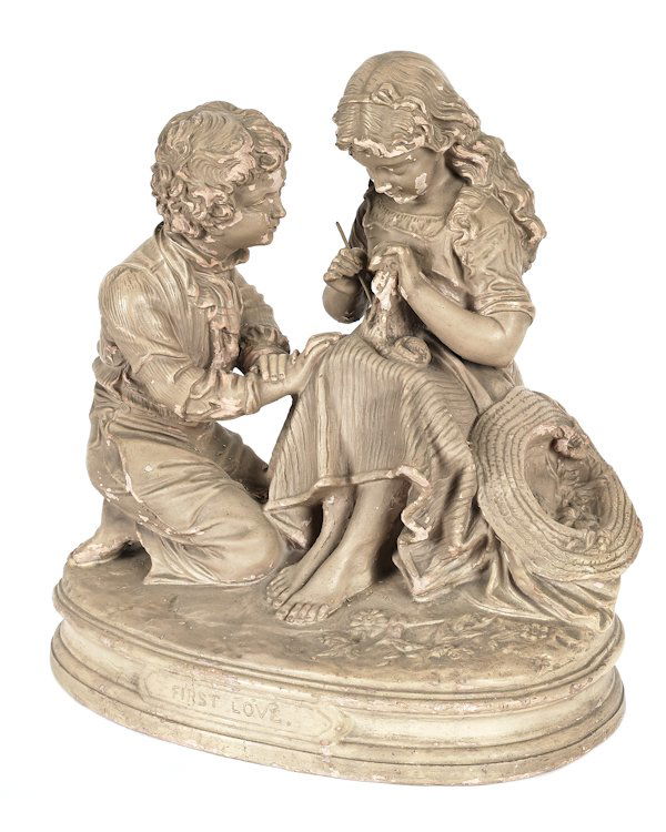 Continental earthenware standish, late 19th c., 4: Continental earthenware standish, late 19th c., 4 3/4'' h., 9 3/4'' w., together with a Rogers First Love plaster figural group, 13 1/4'' h.