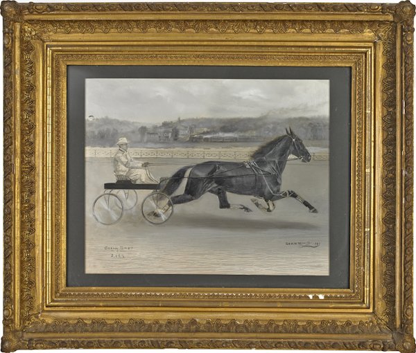 Gean Smith (American 1851-1928), oil on board por: Gean Smith (American 1851-1928), oil on board portrait of a harness racer, titled Chain Shot, signed and dated 1901, 11'' x 13 1/2''.