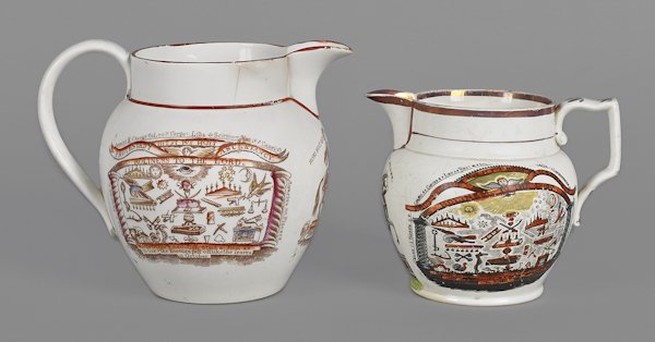 Two Creamware transferware jugs, 19th c., 6'' h. a: Two Creamware transferware jugs, 19th c., 6'' h. and 3 1/2'' h.