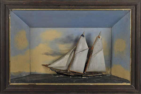 Painted ship diorama, ca. 1900, 19 1/2'' h., 31 1/: Painted ship diorama, ca. 1900, 19 1/2'' h., 31 1/2'' w.