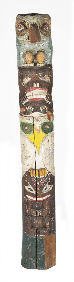 Carved and painted totem pole, mid 20th c., 59'' h: Carved and painted totem pole, mid 20th c., 59'' h.