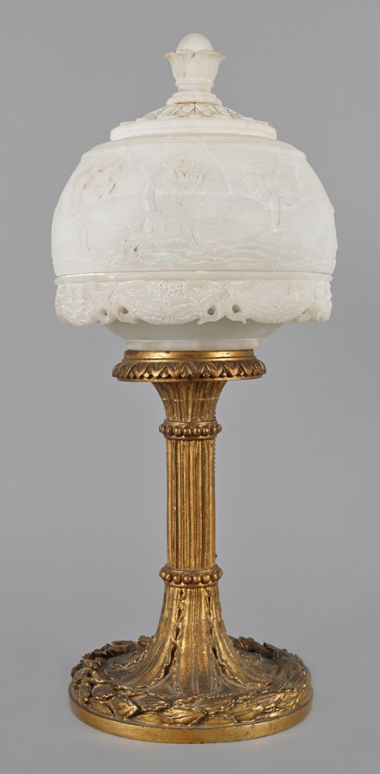 Classical table lamp with alabaster shade, ca. 19: Classical table lamp with alabaster shade, ca. 1900, the shade decorated with dancing maidens in relief, overall - 23 1/2'' h.
