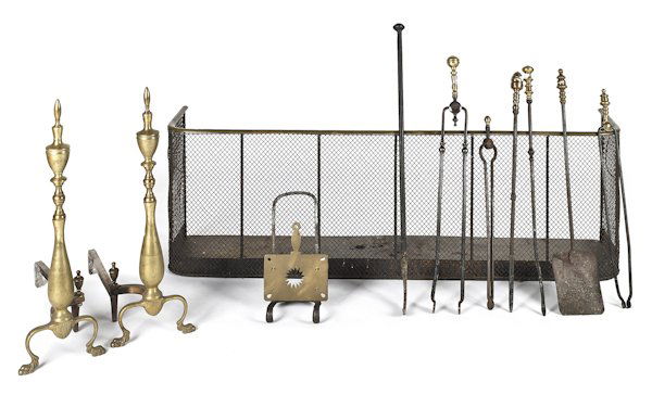 Brass fireplace tools, 19th/20th c., to include a: Brass fireplace tools, 19th/20th c., to include a brass and wire firefender, andirons, etc., fender - 18'' h., 54'' w.