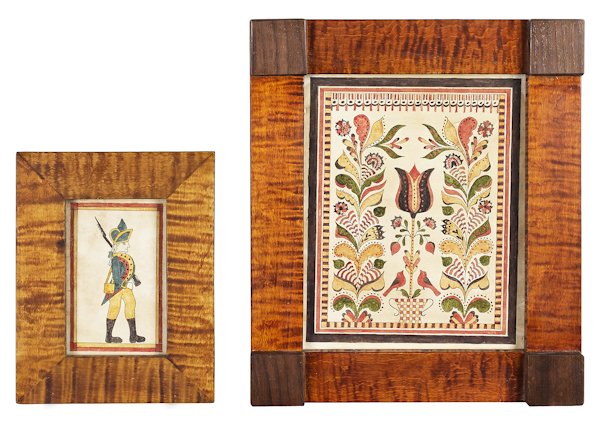 P. Godillot (American 20th c.), two watercolor fr: P. Godillot (American 20th c.), two watercolor fraktur drawings, 9 1/2'' x 7 1/2'' and 5 1/2'' x 3 1/2''.