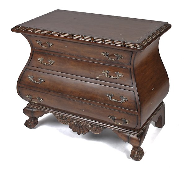 Maitland Smith mahogany bombe chest of drawers, 2: Maitland Smith mahogany bombe chest of drawers, 28'' h., 34'' w.