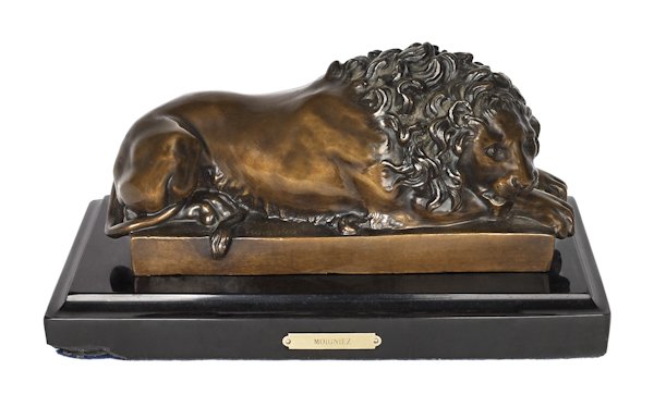 Jules Moigniez (French 1835-1894), bronze recumbe: Jules Moigniez (French 1835-1894), bronze recumbent lion, 4 1/4'' h., 10'' l.