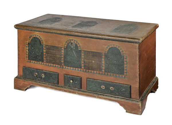 Pennsylvania painted pine dower chest, ca. 1800,: Pennsylvania painted pine dower chest, ca. 1800, with later decoration and three drawers, 25 1/2'' h., 48'' w.
