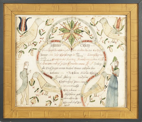 Johann Conrad Trevits (Southeastern Pennsylvania: Johann Conrad Trevits (Southeastern Pennsylvania, active 1775-1825), watercolor and ink on paper fraktur, done for Johannes Scherry, 1819, with a central heart enclosing script surmounted by an arch e
