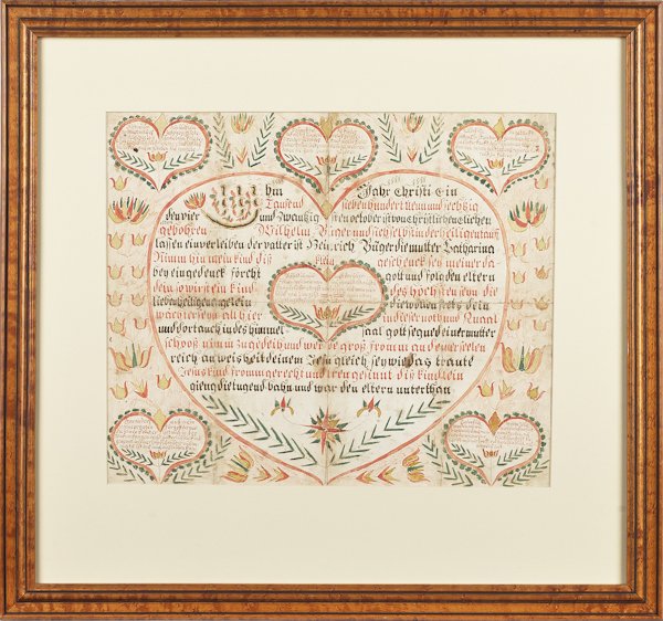 Pennsylvania watercolor and ink on paper fraktur: Pennsylvania watercolor and ink on paper fraktur birth record, dated 1769, for Wilhelm Buger, with a central heart enclosing script, surrounded by five smaller hearts with script and tulip vines and f