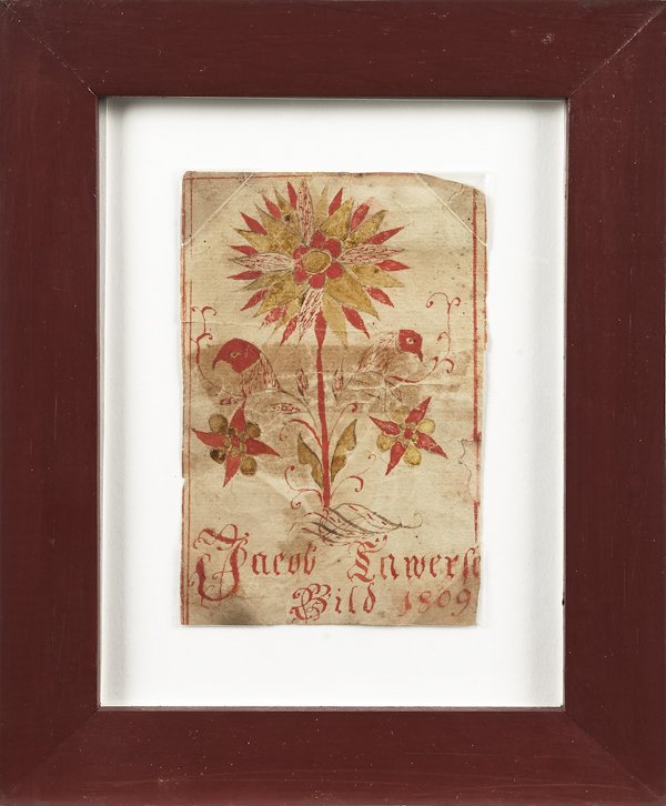 Watercolor on paper fraktur bookplate for Jacob: Watercolor on paper fraktur bookplate for Jacob Laver, 1809, with a large central sunburst flower in red and yellow and bird heads arising from a stem, 5'' x 3 1/4''.
