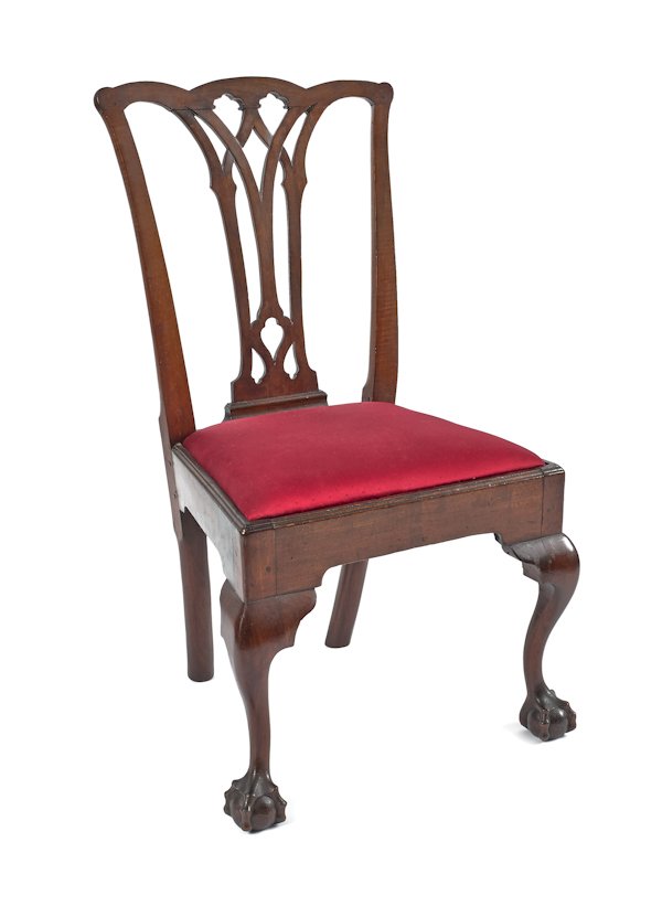 Pennsylvania Chippendale walnut dining chair, ca: Pennsylvania Chippendale walnut dining chair, ca. 1770, with a pierced Gothic splat and cabriole legs terminating in ball and claw feet.