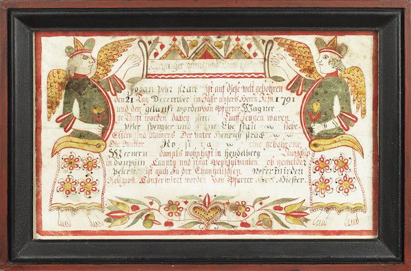 Johann Conrad Gilbert (Southeastern Pennsylvania: Johann Conrad Gilbert (Southeastern Pennsylvania, late 18th/early 19th c.), watercolor and ink on paper taufschein, done for Johan Peter Frack, 1791, Dauphin County, with red and black script flanked