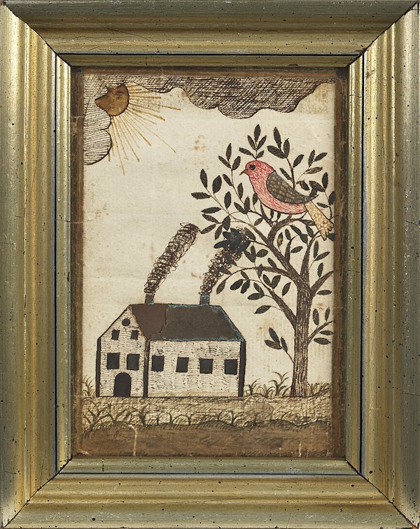 Pennsylvania watercolor on paper fraktur bookpla: Pennsylvania watercolor on paper fraktur bookplate, 19th c. with a house, a bird in a tree, and the sun peeping through the clouds in sepia tones with a red bird, 4 1/2'' x 3''.