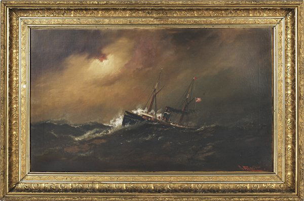 Alexander Charles Stuart (American 1831-1898),: Alexander Charles Stuart (American 1831-1898), oil on canvas seascape with an American steamship, signed lower right, 18'' x 30''.