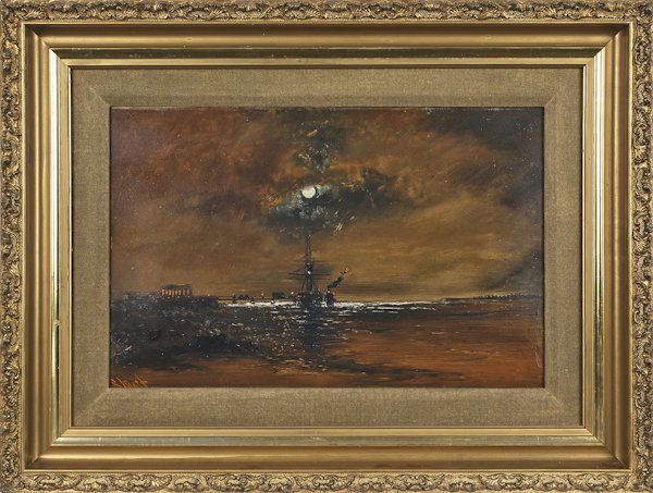 Alexander Charles Stuart (American 1831-1898),: Alexander Charles Stuart (American 1831-1898), oil on board coastal scene, possibly the Delaware River near Chester, signed lower left, 12'' x 18''.