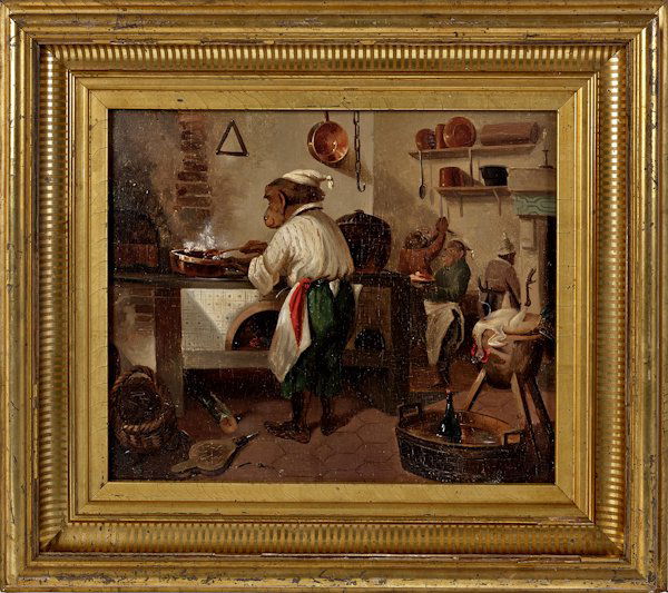 William Holbrook Beard (American 1824-1900), oi: William Holbrook Beard (American 1824-1900), oil on panel of monkeys in a kitchen, faintly signed lower right, 9 1/4'' 10 3/4''.