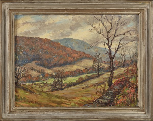 Fern Isabel Kuns Coppedge (American 1883-1951),: Fern Isabel Kuns Coppedge (American 1883-1951), oil on board landscape, titled Now in November, signed lower left, 12'' x 15 3/4''.