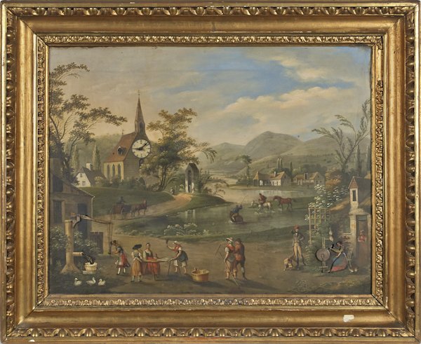 German picture frame clock, 19th c., with oil o: German picture frame clock, 19th c., with oil on tin town scene and automated figures of a woman at a well and another at a spinning wheel, 25'' h., 29 3/4'' w.