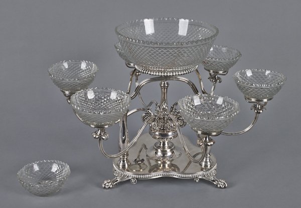 English silver plated epergne, ca. 1900, 14 1/2: English silver plated epergne, ca. 1900, 14 1/2'' h., 21'' w.