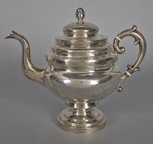 New York coin silver teapot, ca. 1830, bearing: New York coin silver teapot, ca. 1830, bearing the touch of Baldwin Gardiner, 10 1/4'' h., 33.2 ozt.