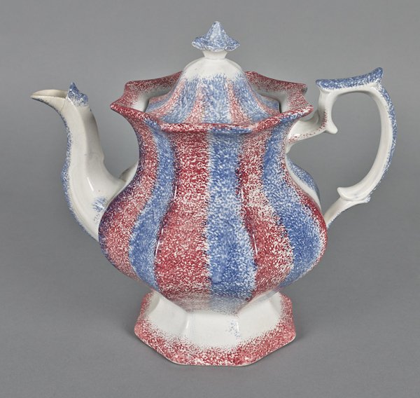 Red and blue rainbow spatter coffee pot, 19th c.: Red and blue rainbow spatter coffee pot, 19th c., 9'' h. Provenance: Pete and Sally Riffle, Dayton, Ohio.