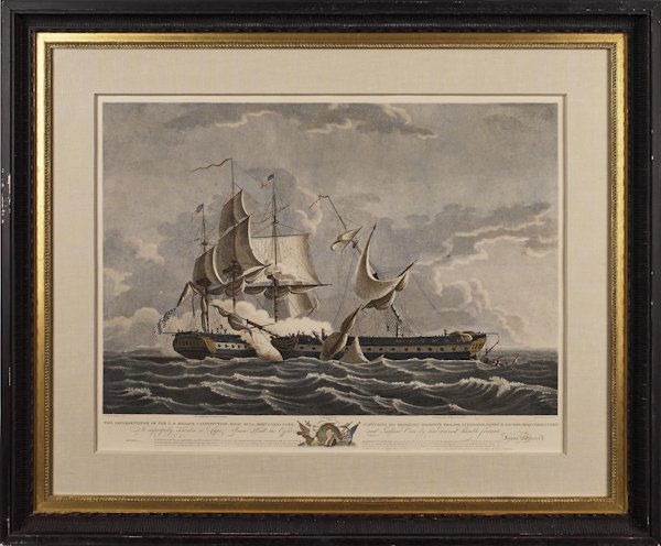 Pair of nautical color lithographs, after Thomas: Pair of nautical color lithographs, after Thomas Birch, depicting The Constitution capturing the Guerriere and the United States capturing the Macedonian, 21'' x 27''.