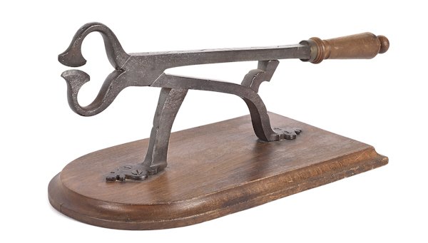 Wrought iron sugar nippers, ca. 1800, initialed: Wrought iron sugar nippers, ca. 1800, initialed M. K., with scroll decorations, 17'' l.