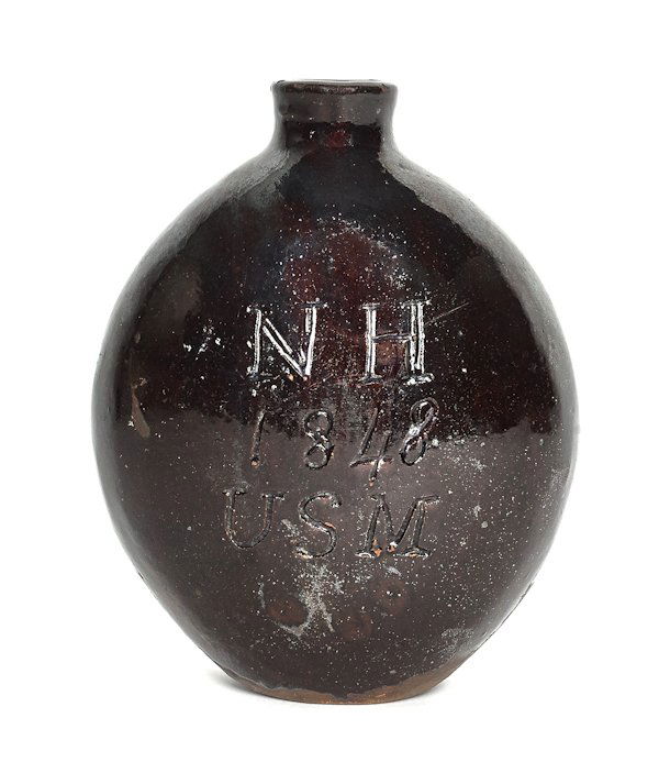 Redware presentation flask, inscribed FA Nicho: Redware presentation flask, inscribed FA Nicholas Homer May 28, 1848 United States Mail, the reverse NH 1848 USM, 6 1/4'' h.