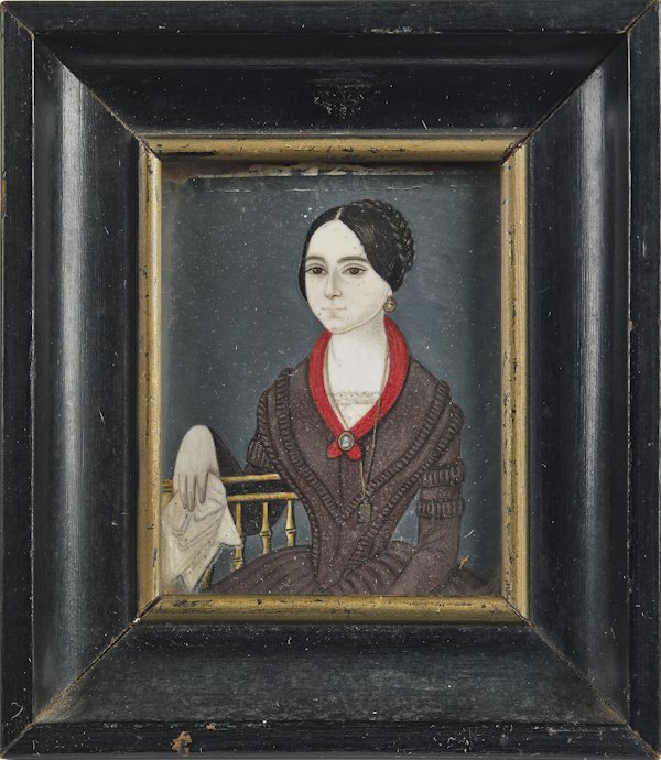 Miniature American watercolor on ivory portrait,: Miniature American watercolor on ivory portrait, ca. 1825, of a woman seated in a yellow rodback Windsor chair and wearing a miniature portrait, 2 3/4'' x 2''.