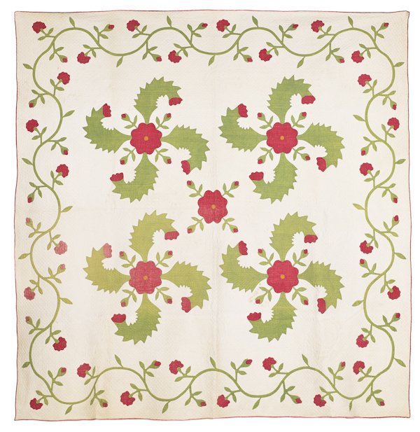 Pennsylvania appliqu? princess feather quilt wi: Pennsylvania appliqu? princess feather quilt with a trailing vine border, signed verso Huldah Caroline Deat 1859 Age 82, 86'' x 86''.