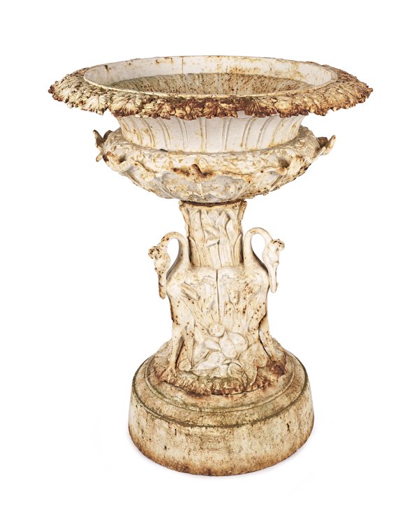 Cast iron garden urn, late 19th c., attributed: Cast iron garden urn, late 19th c., attributed to J. L. Mott Foundry, with an egret base, 43'' h., 32'' dia.