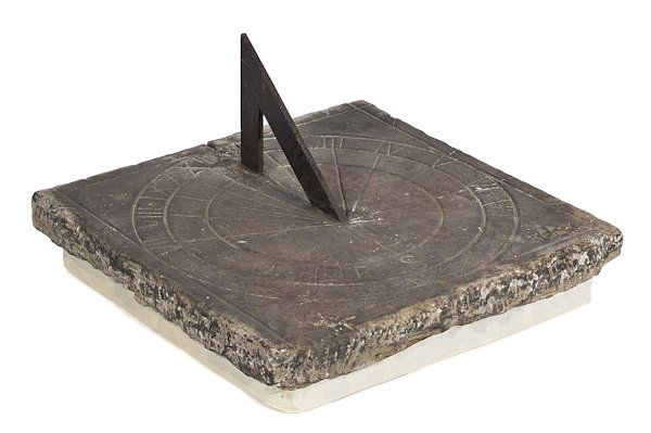 Carved stone sundial, 18th/19th c., signed J.: Carved stone sundial, 18th/19th c., signed J. Heer, 15 3/4'' sq.