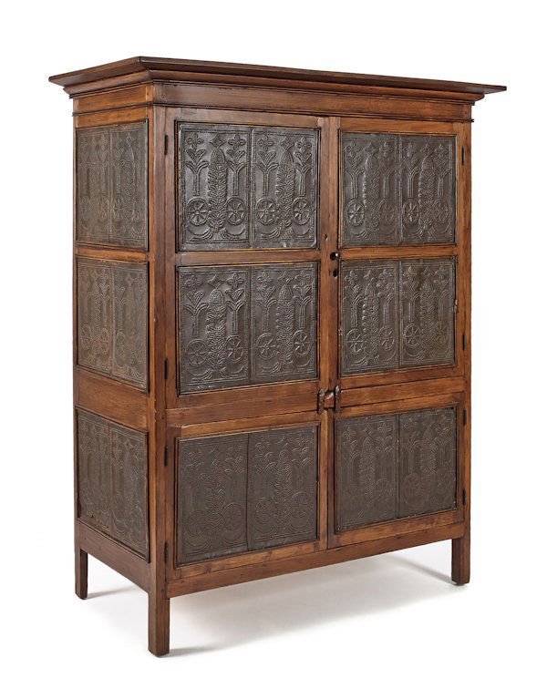 Virginia hard pine pie safe, 19th c., with elab: Virginia hard pine pie safe, 19th c., with elaborately punched tin panels of flowers, pinwheels, etc., 65'' h., 47'' w., 22 1/2'' d.