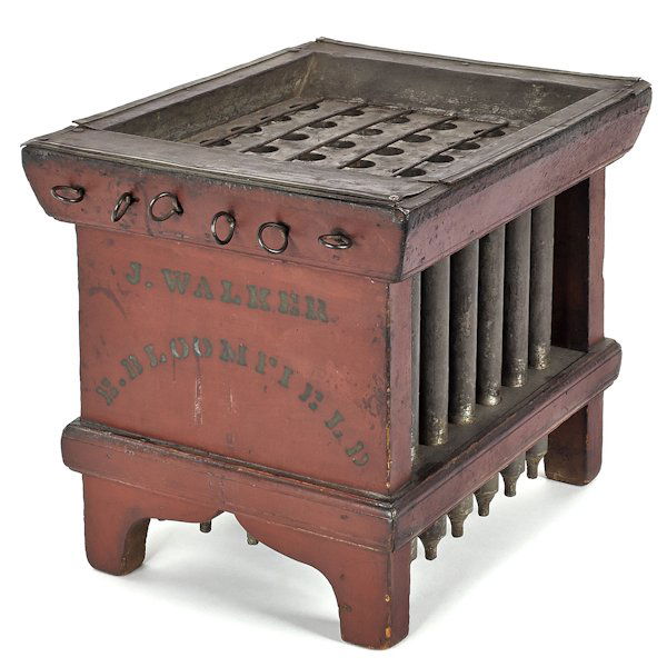 New York painted pine candlemold, mid 19th c.,: New York painted pine candlemold, mid 19th c., inscribed J. Walker E. Bloomfield, having thirty-six pewter tubes, 11'' h., 13 1/2'' w., 10 3/4'' d.