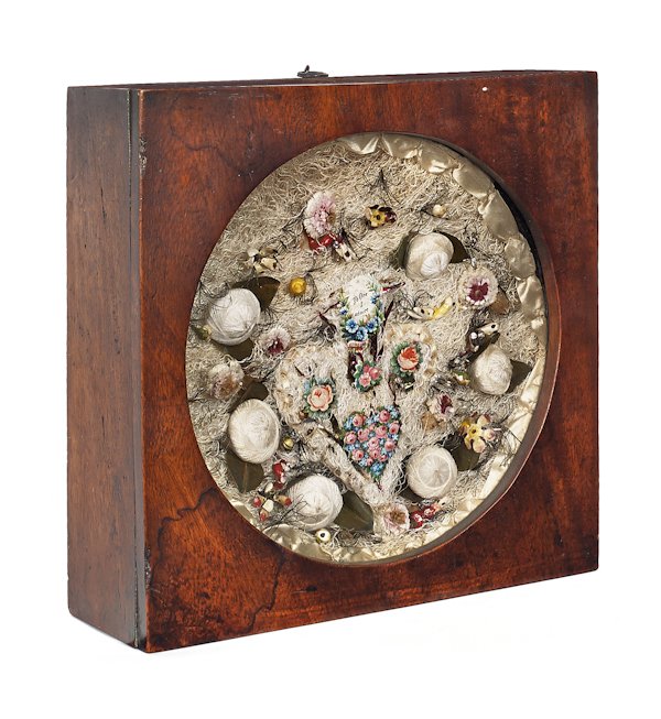 Victorian string work valentine, late 19th c.,: Victorian string work valentine, late 19th c., in a mahogany shadow box frame, 8 3/4'' x 8 3/4''.