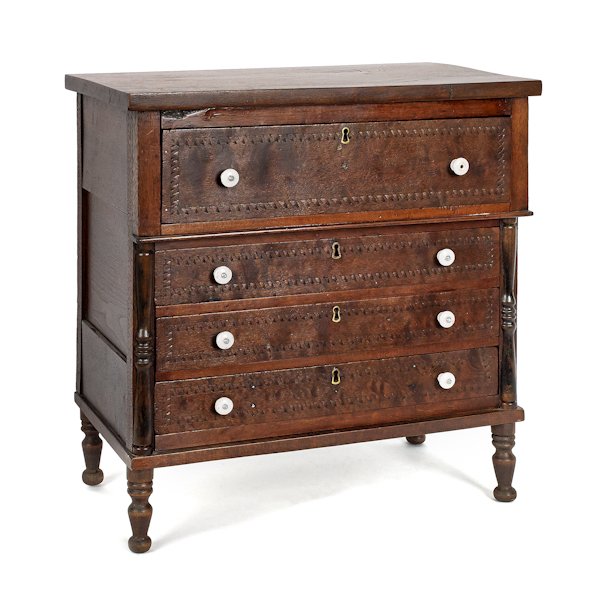 Miniature Pennsylvania Sheraton walnut chest of: Miniature Pennsylvania Sheraton walnut chest of drawers, ca. 1830, with incised carved drawers centered by ebonized half columns, all resting on turned feet, 21 1/4'' h., 19'' w., 11 1/4'' d.