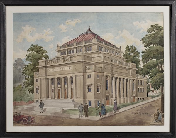 Pennsylvania watercolor architect's drawing, si: Pennsylvania watercolor architect's drawing, signed JC Fulton Uniontown PA, 19 1/4'' x 25 3/4''.