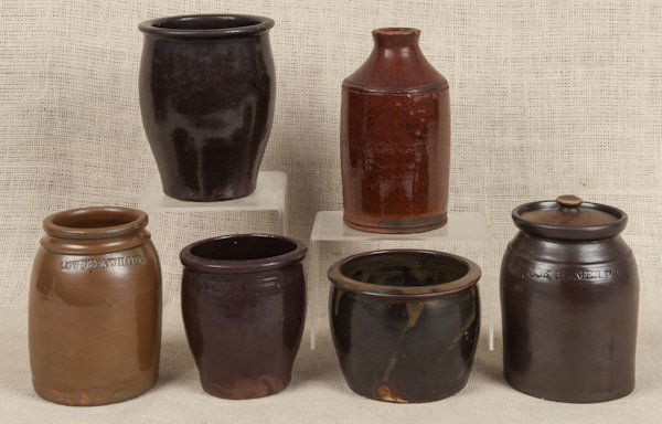 Six Pennsylvania redware and stoneware crocks, 19: Six Pennsylvania redware and stoneware crocks, 19th c., to include examples Cowden & Wilcox, Lock Haven, and GS, tallest - 8''.