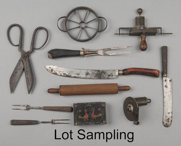 Kitchenware, to include nutmeg graters, a tole bo: Kitchenware, to include nutmeg graters, a tole box, a rolling pin, wood handled flatware, etc.